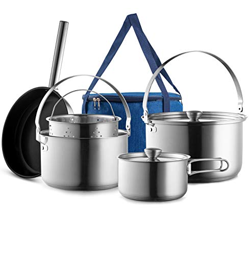 8-Piece Stainless Steel Camping Cookware Set with Carry Bag