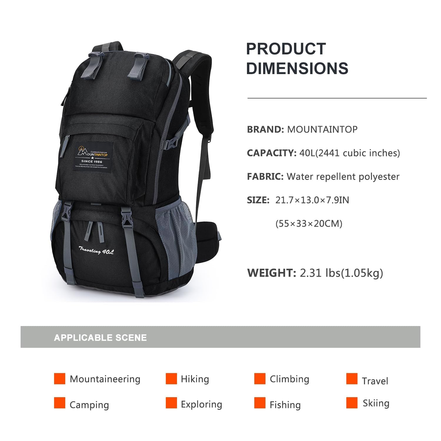 40L Lightweight Hiking Backpack for Camping & Backpacking