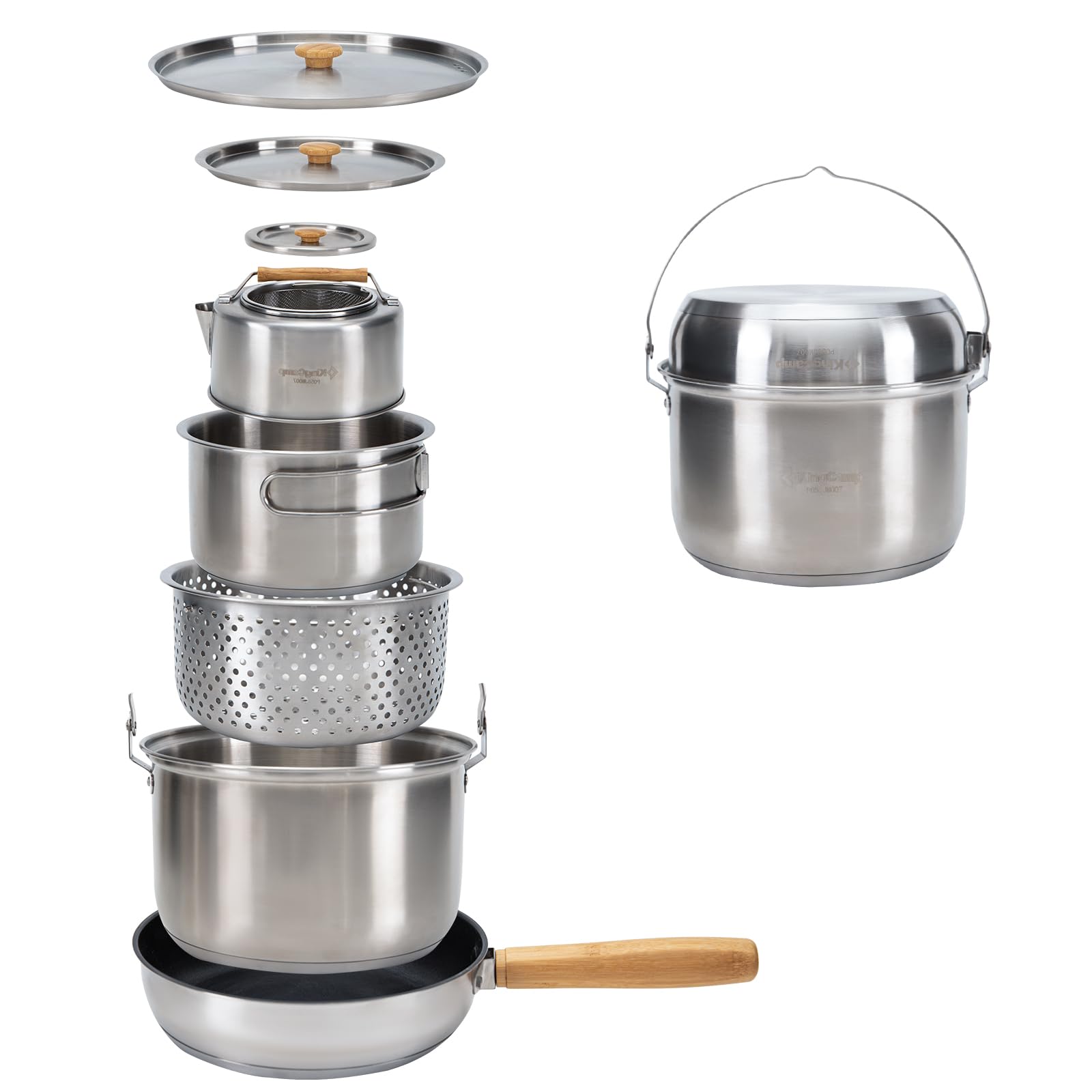 Stainless Steel Camping Cookware Set with Pots Pan and Kettle