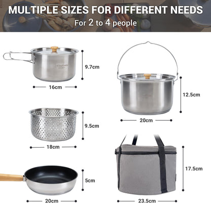 Stainless Steel Camping Cookware Set with Pots Pan and Kettle