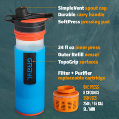 GRAYL GeoPress 24 oz Water Purifier Bottle - Filter for Hiking, Camping, Survival, Travel