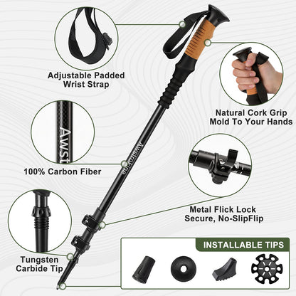 Carbon Fiber Collapsible Trekking Poles with Cork Grips