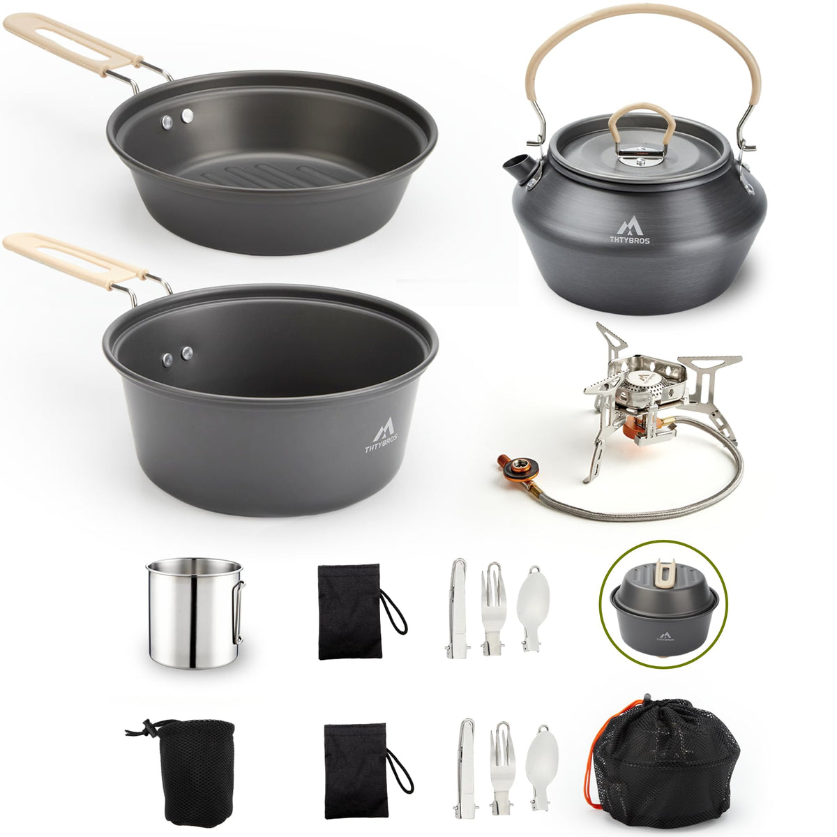 17-Piece Camping Cookware Kit with Pot Pan and Kettle Set