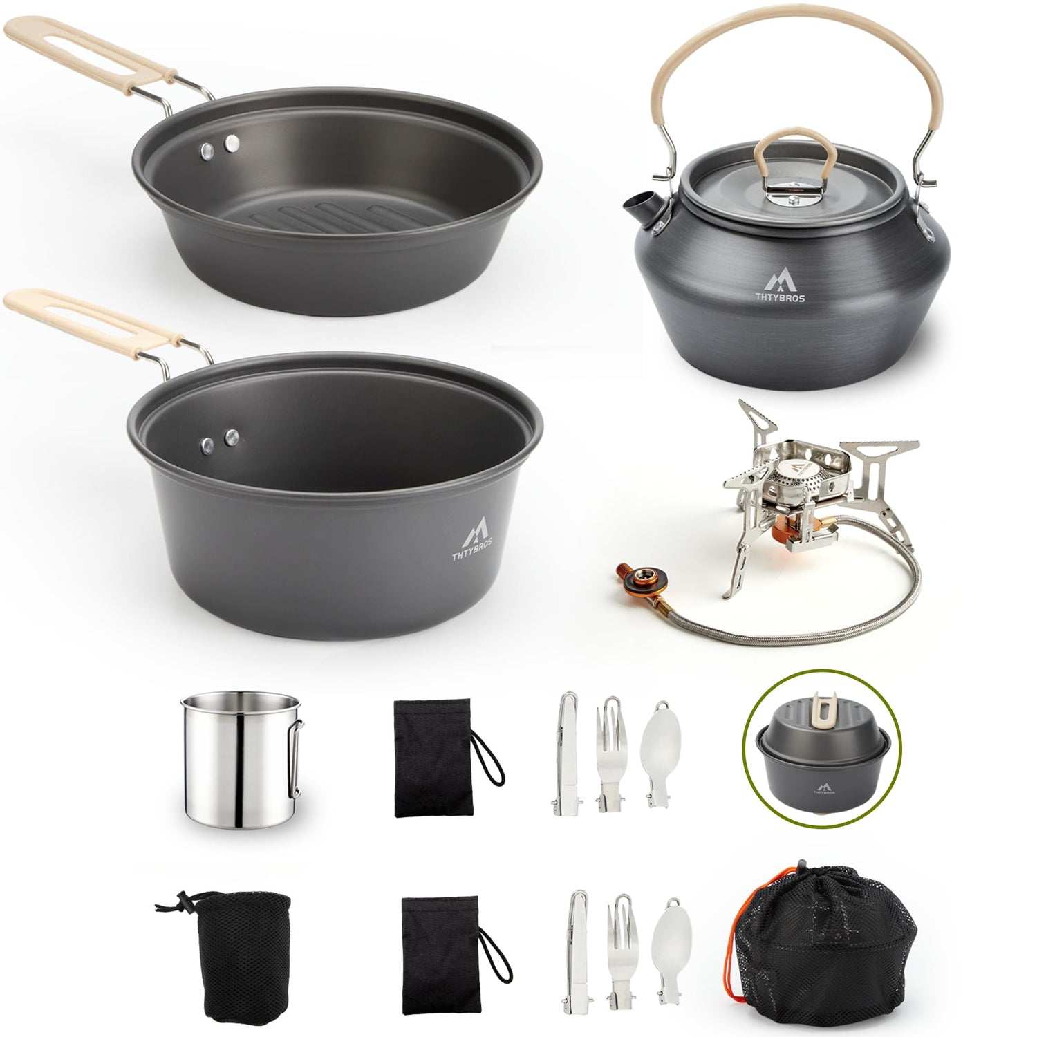 17-Piece Camping Cookware Kit with Pot Pan and Kettle Set