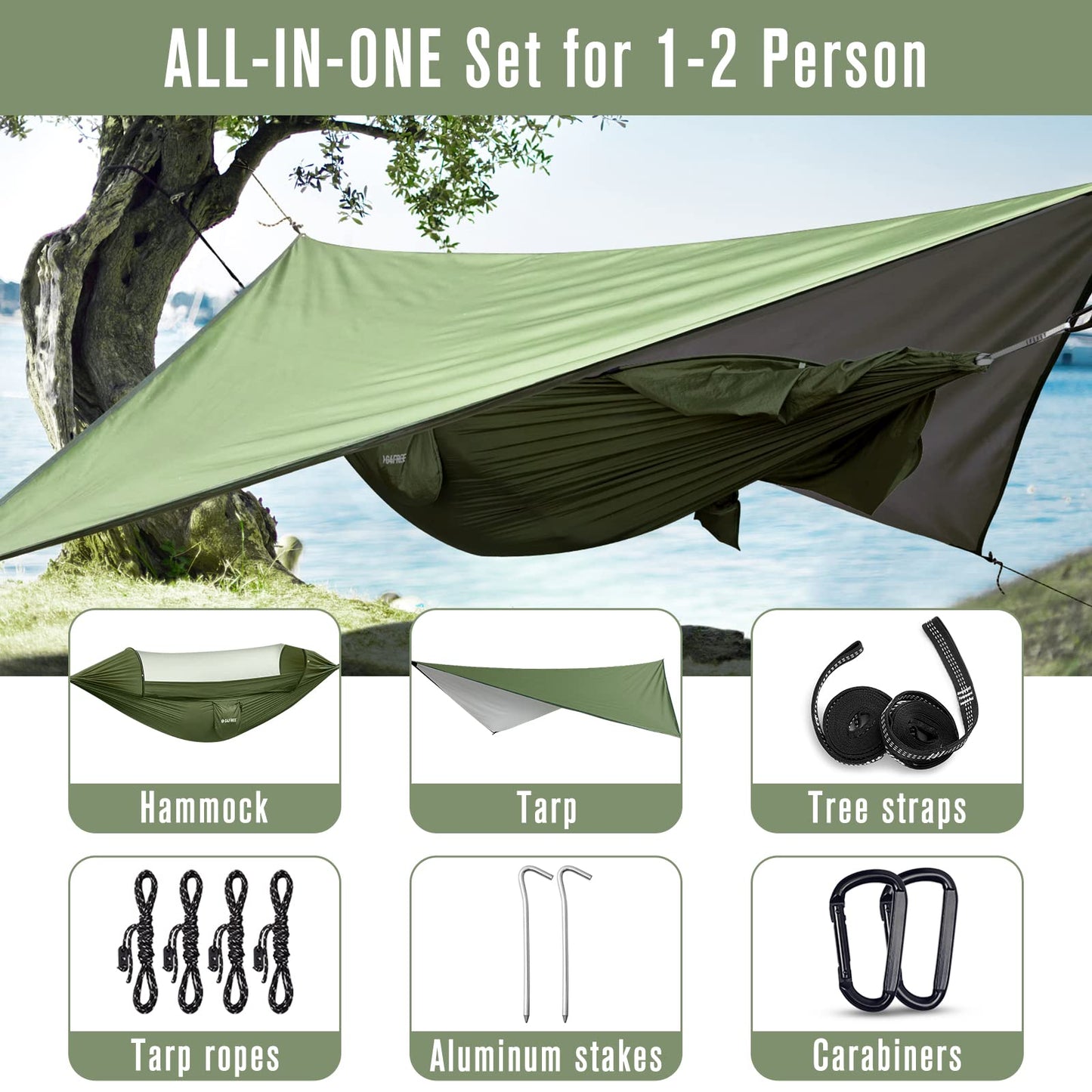 2-Person Camping Hammock with Bug Net and Rain Fly Tarp