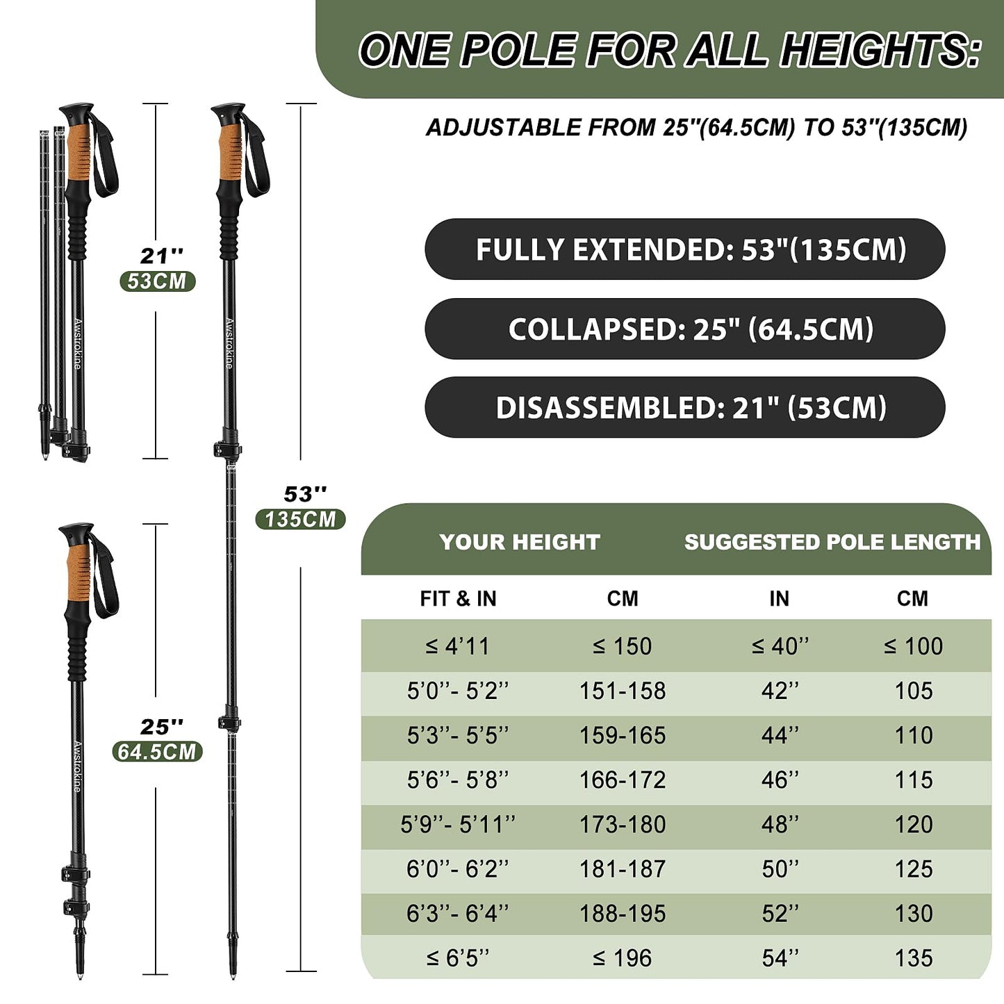 Carbon Fiber Collapsible Trekking Poles with Cork Grips
