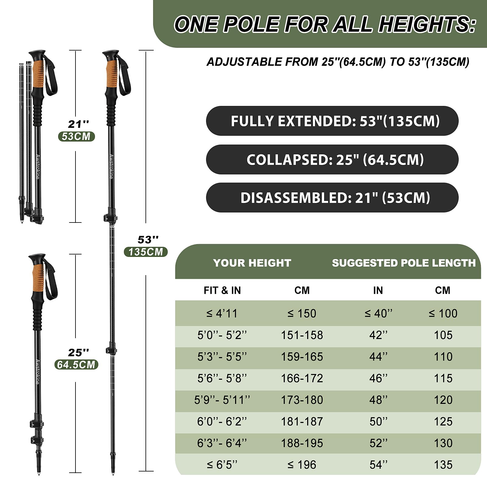 Carbon Fiber Collapsible Trekking Poles with Cork Grips
