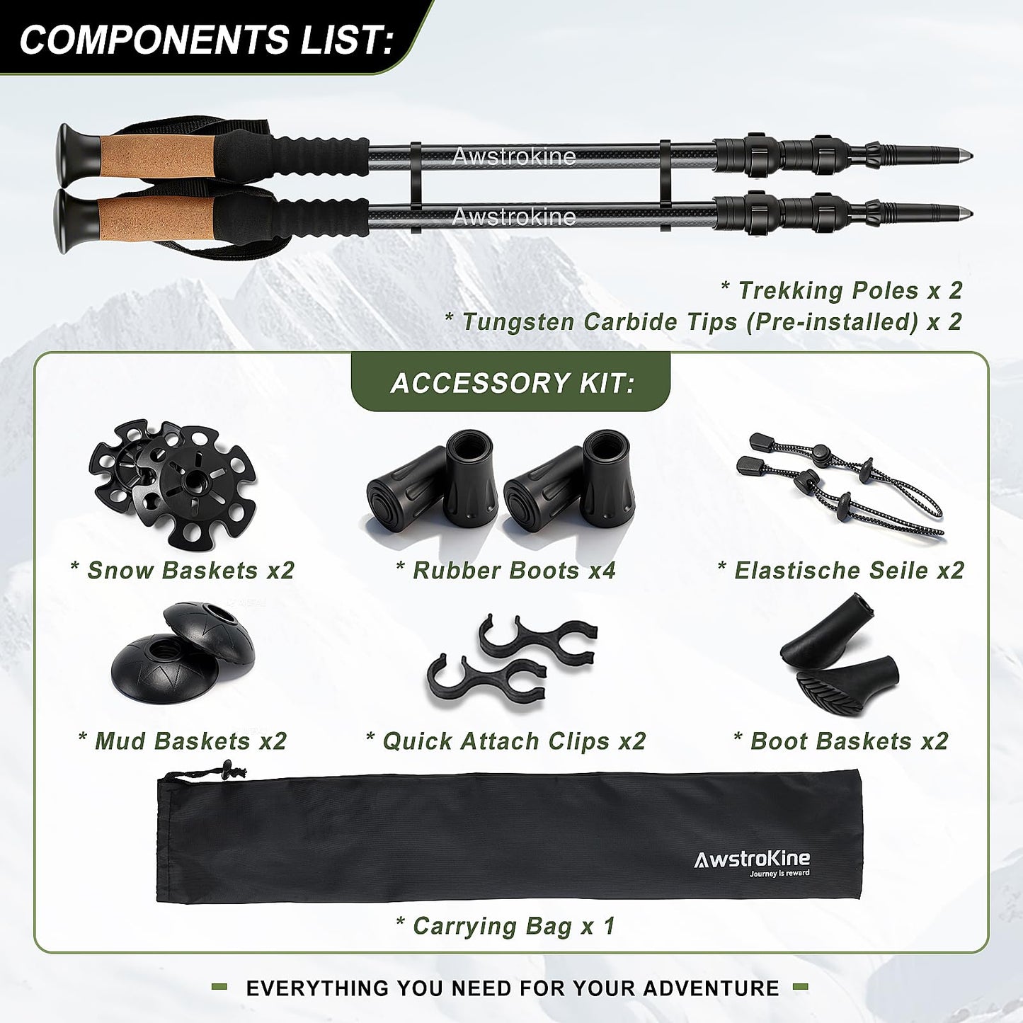 Carbon Fiber Collapsible Trekking Poles with Cork Grips