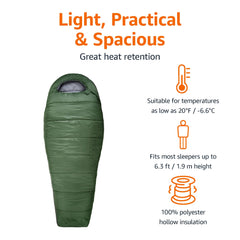 20°F Cold Weather Mummy Sleeping Bag with No-Snag Zipper