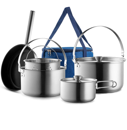 8-Piece Stainless Steel Camping Cookware Set with Carry Bag