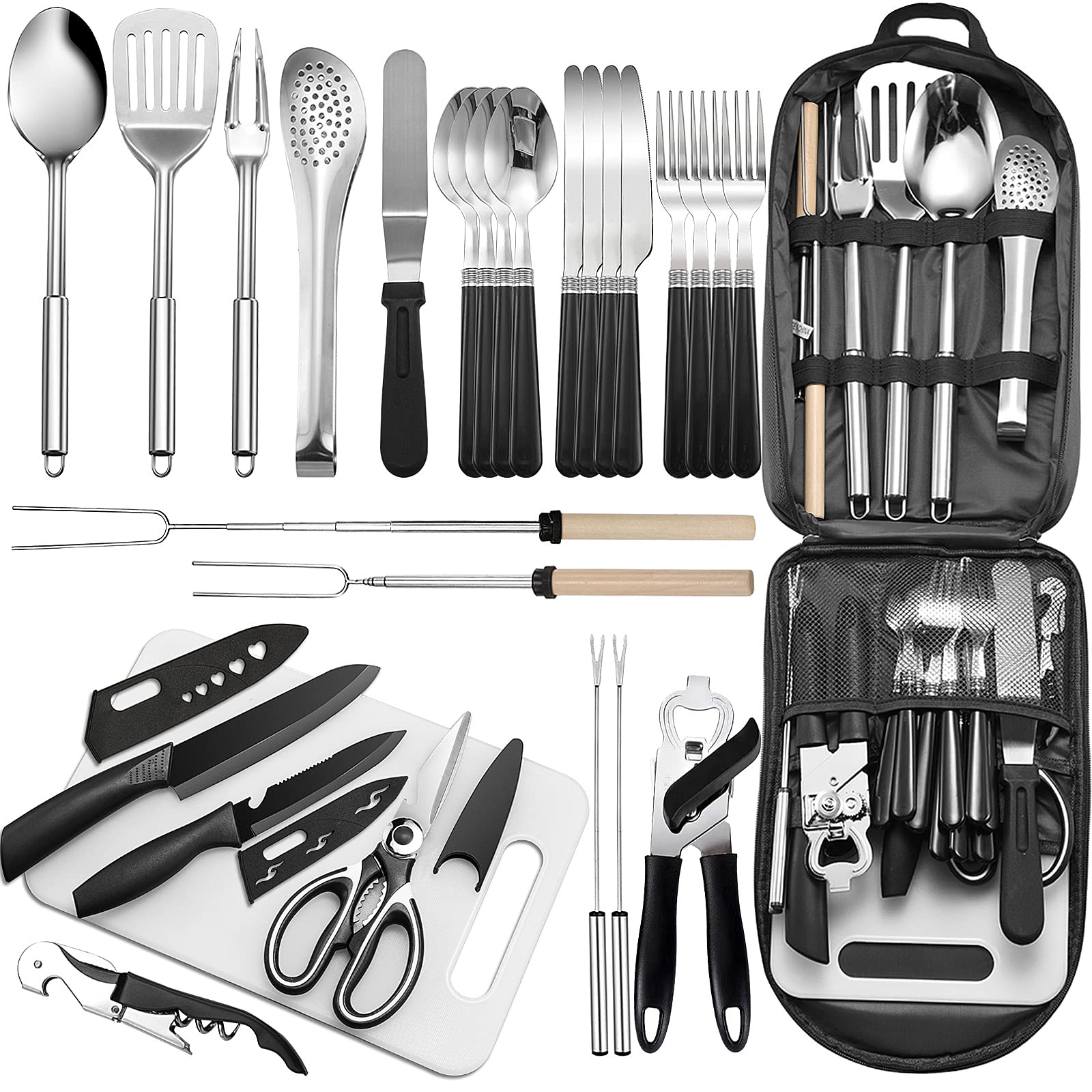 27-Piece Stainless Steel Camping Utensil Set with Organizer