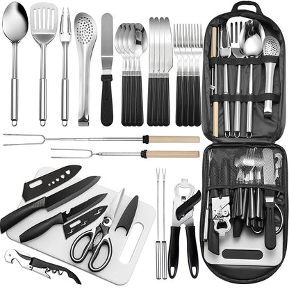 27-Piece Stainless Steel Camping Utensil Set with Organizer