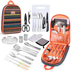 27-Piece Stainless Steel Camping Utensil Set with Organizer