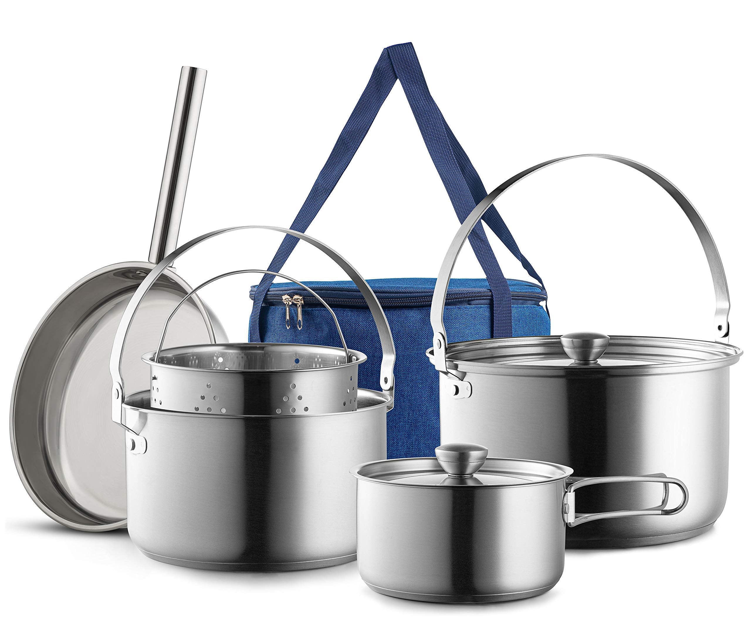 8-Piece Stainless Steel Camping Cookware Set with Carry Bag