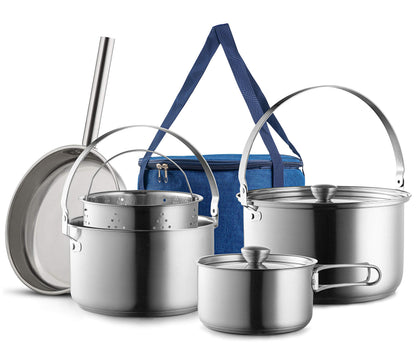 8-Piece Stainless Steel Camping Cookware Set with Carry Bag