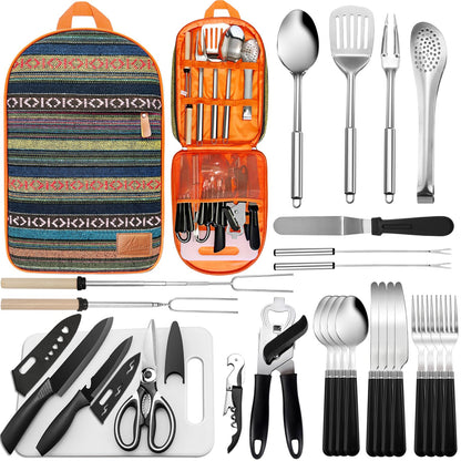27-Piece Stainless Steel Camping Utensil Set with Organizer