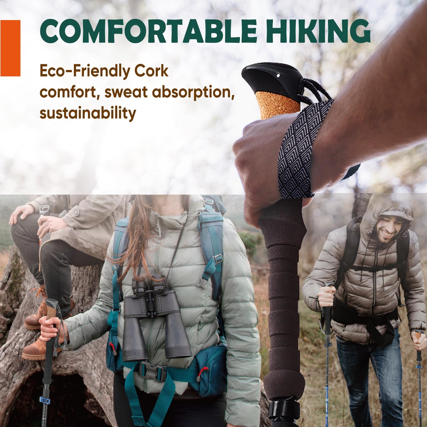 Folding Aluminum Trekking Poles with Cork Grip for Hiking