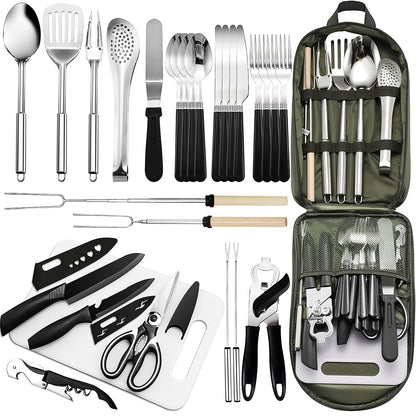 27-Piece Stainless Steel Camping Utensil Set with Organizer