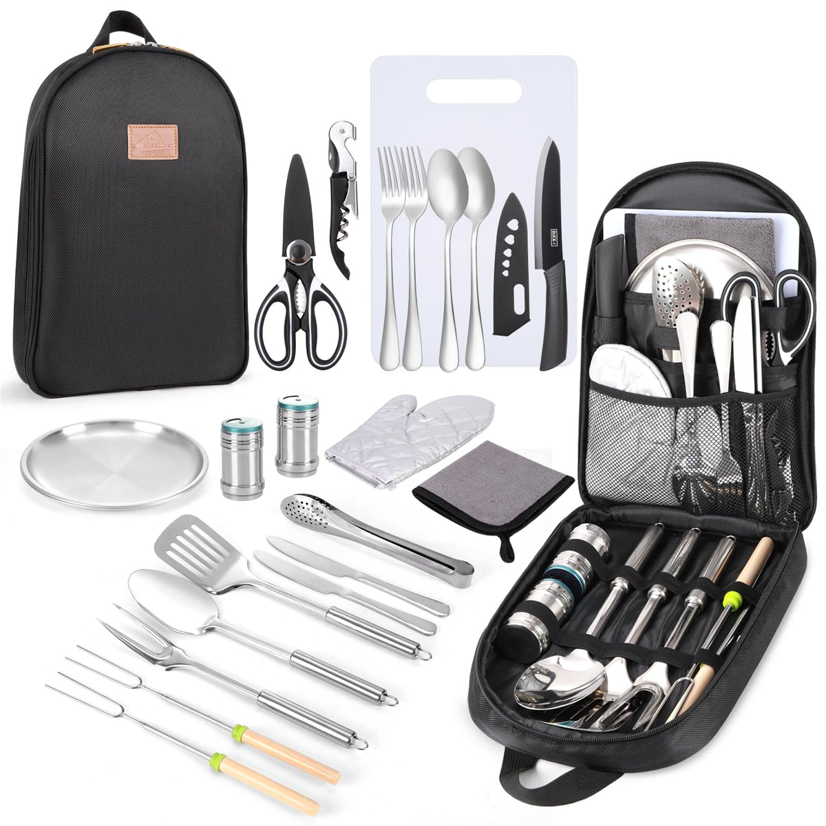 27-Piece Stainless Steel Camping Utensil Set with Organizer