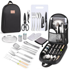 27-Piece Stainless Steel Camping Utensil Set with Organizer