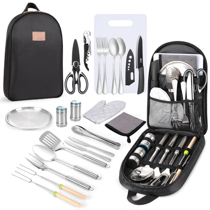 27-Piece Stainless Steel Camping Utensil Set with Organizer