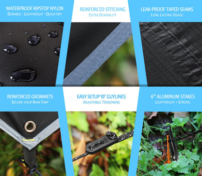 12x9 ft Waterproof Hammock Rain Fly Tarp Shelter Kit